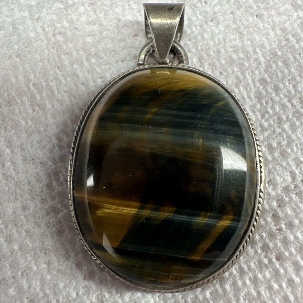 Tiger Eye Large Pendant Necklace Sterling Silver